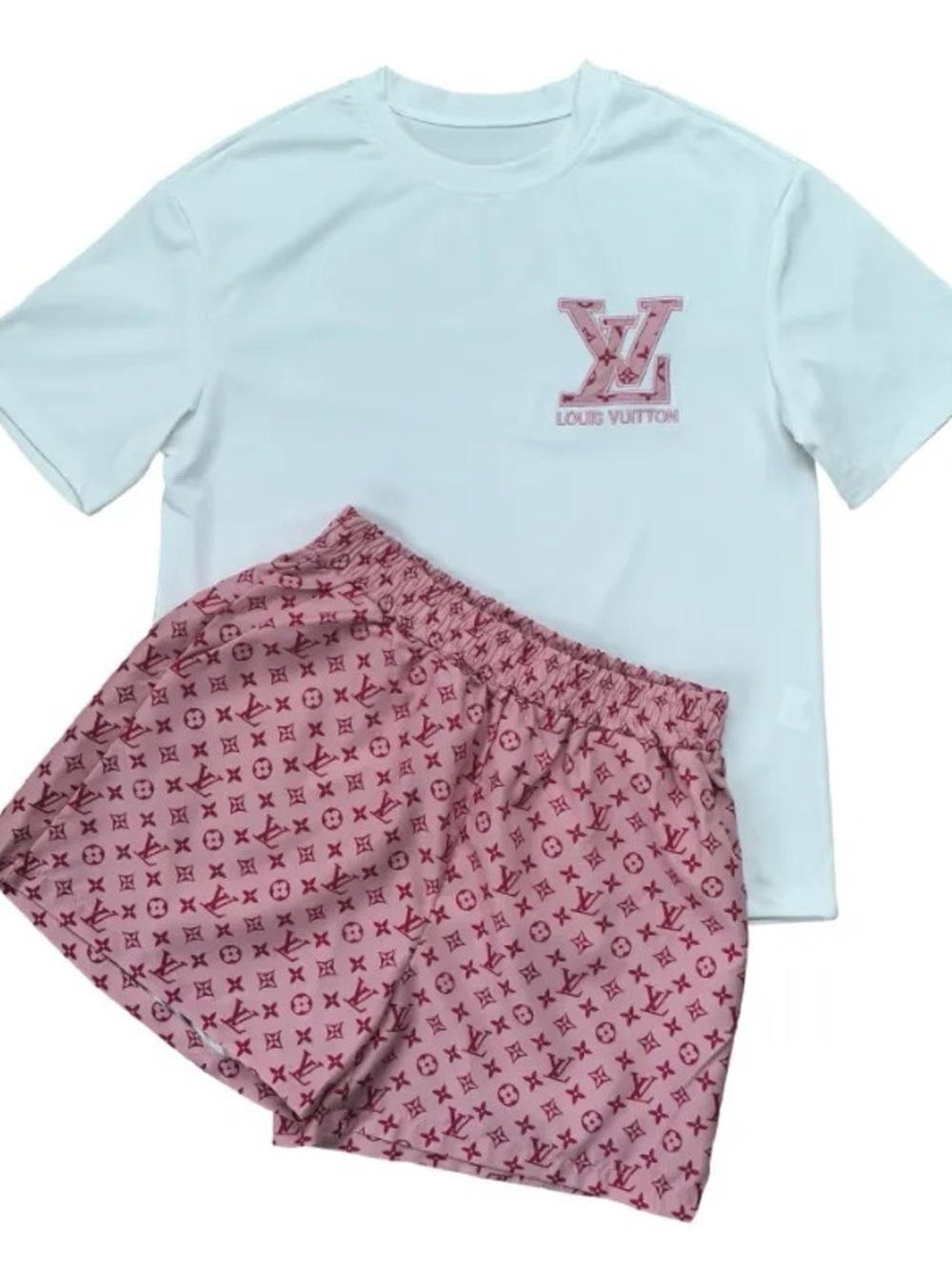 Xl and xxl available oversized White Tee with Pink Monogram Shorts